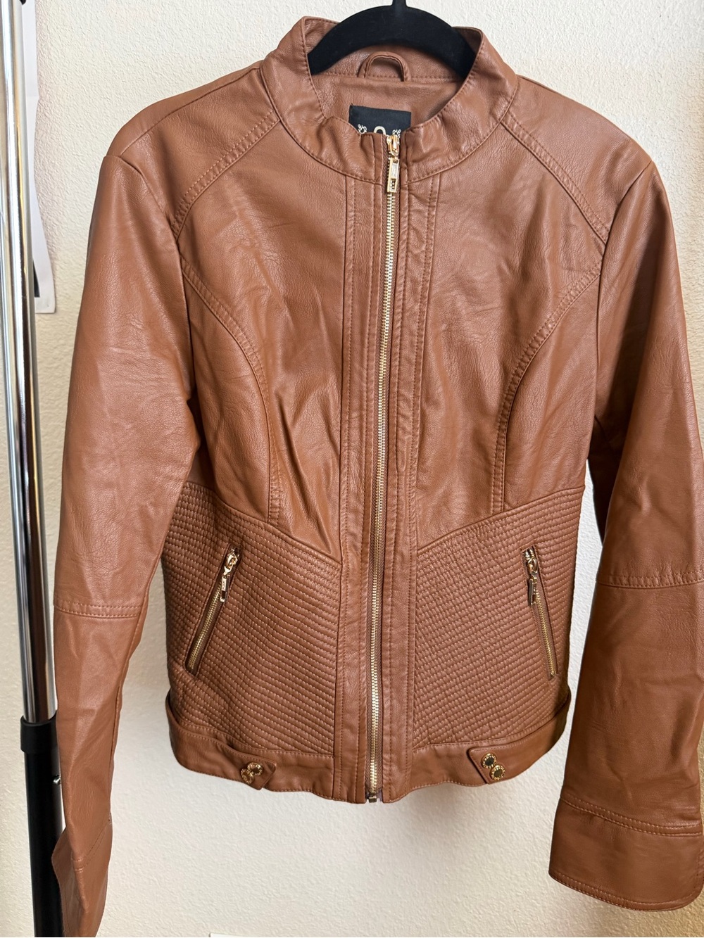 Women's Tan Faux Leather Zip-Up Jacket with Quilted Waist